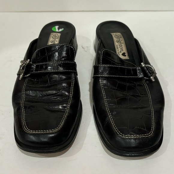 BRIGHTON Women’s Black Leather Round Toe Low Heel Slip On Mules - size 7 - Picture 2 of 7